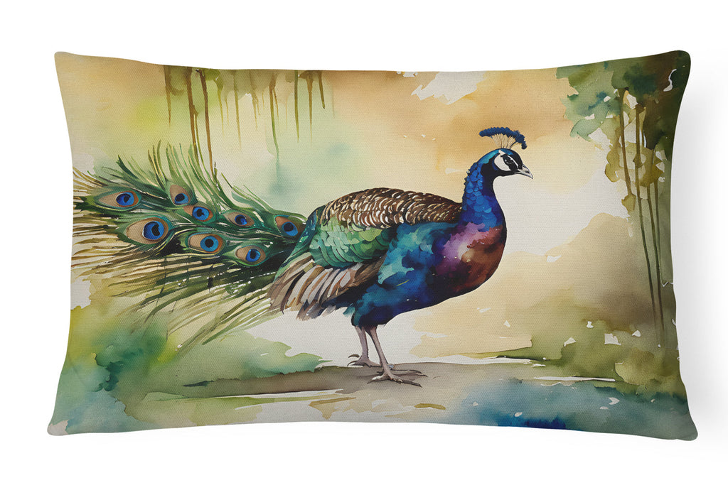 Peacock Walking Garden Scene Decorative Throw Pillow 12x16 Indoor Outdoor Accent Cushion, Fabric Cover with Insert for Sofa, Bed, Porch & Living Room