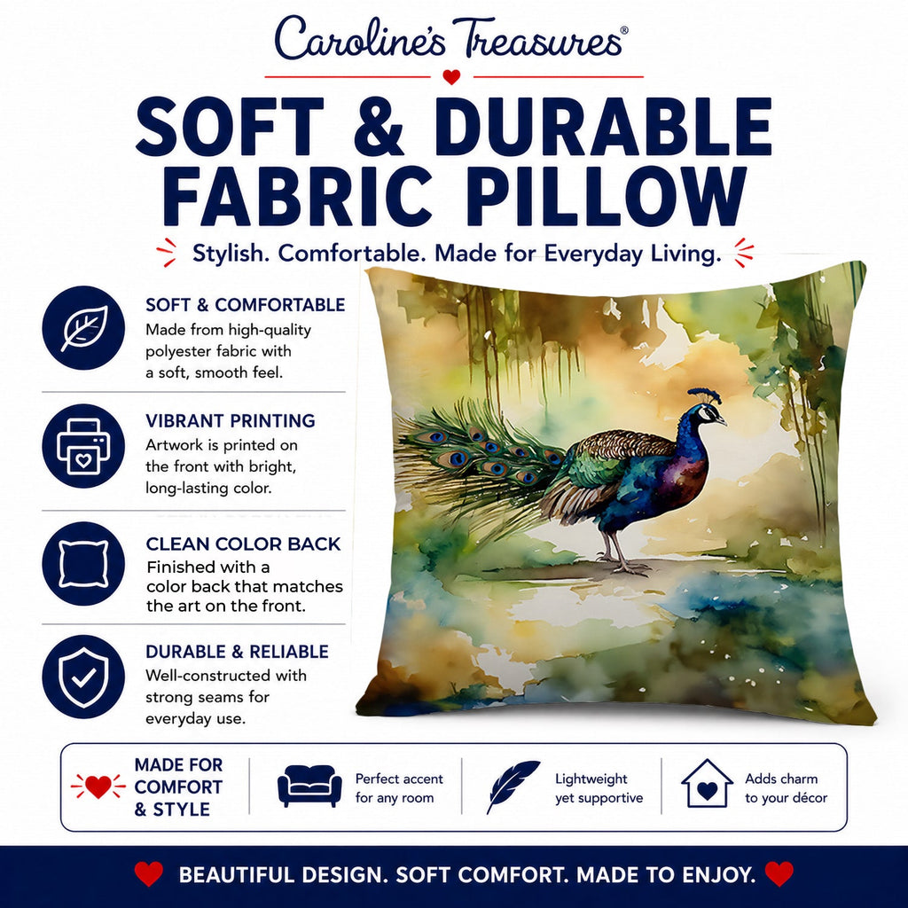 Peacock Walking Garden Scene Decorative Throw Pillow 18x18 Indoor Outdoor Accent Cushion, Fabric Cover with Insert for Sofa, Bed, Porch & Living Room