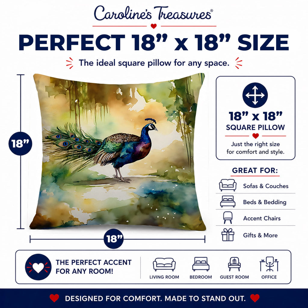 Peacock Walking Garden Scene Decorative Throw Pillow 18x18 Indoor Outdoor Accent Cushion, Fabric Cover with Insert for Sofa, Bed, Porch & Living Room