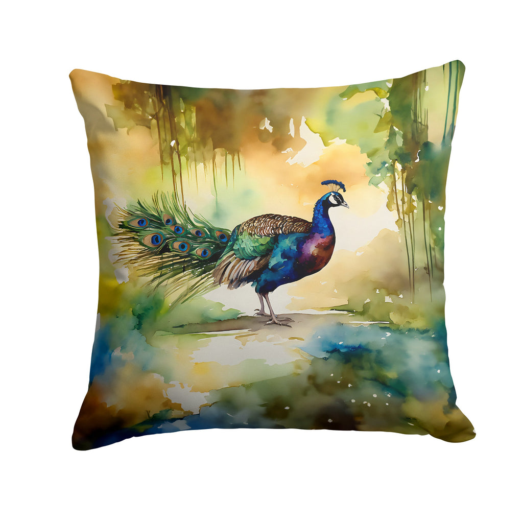 Peacock Walking Garden Scene Decorative Throw Pillow 18x18 Indoor Outdoor Accent Cushion, Fabric Cover with Insert for Sofa, Bed, Porch & Living Room