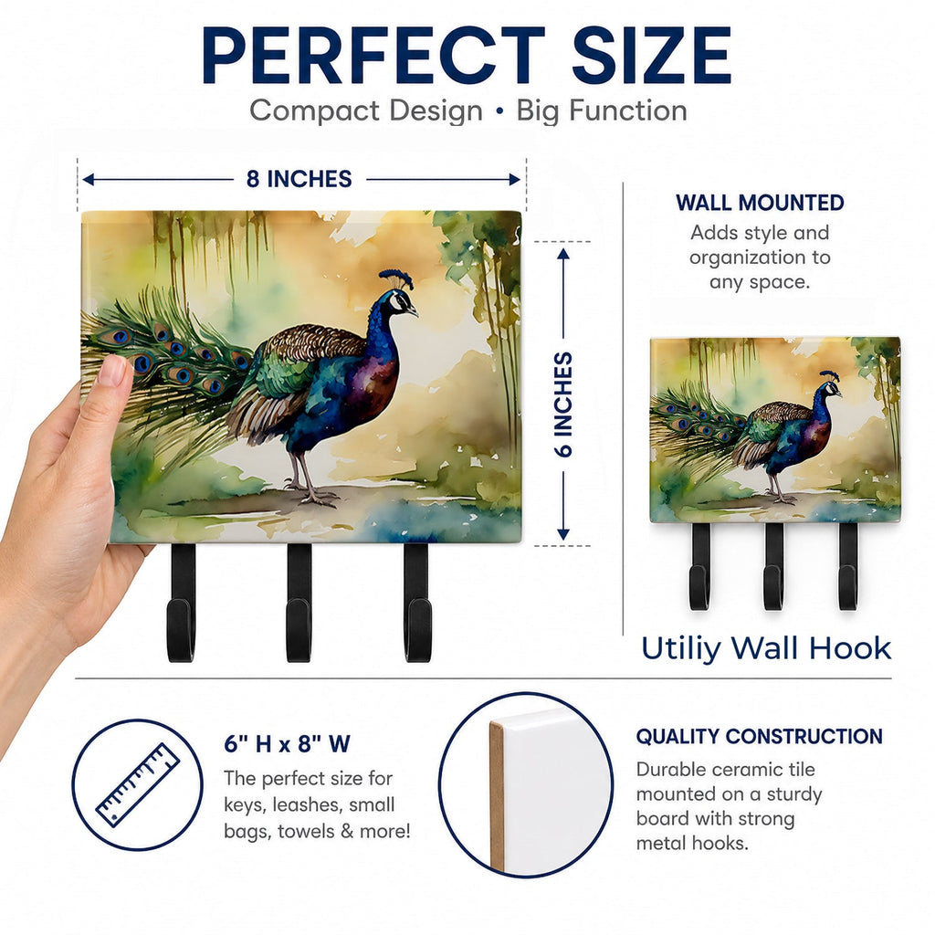 Peacock Walking Garden Scene Leash or Key Holder Wall Hooks, Coat Rack Wall Mount, for Hanging Keys, Towels, Aprons, Leashes