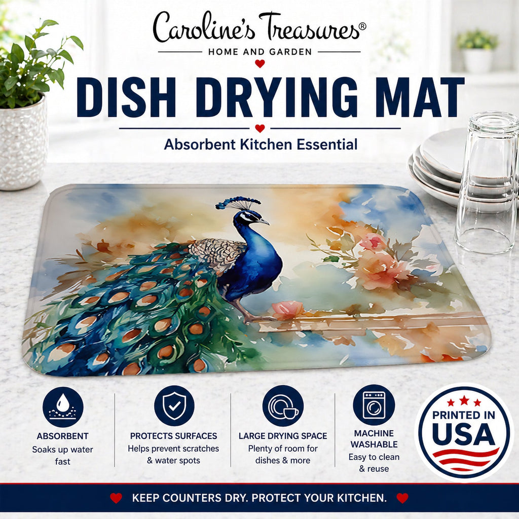Peacock Tail Feathers Close View Dish Drying Mat Absorbent Dish Drying Mat Pad for Kitchen Counter Dish Drainer Mat for Countertop, 14 x 21", Multicolor
