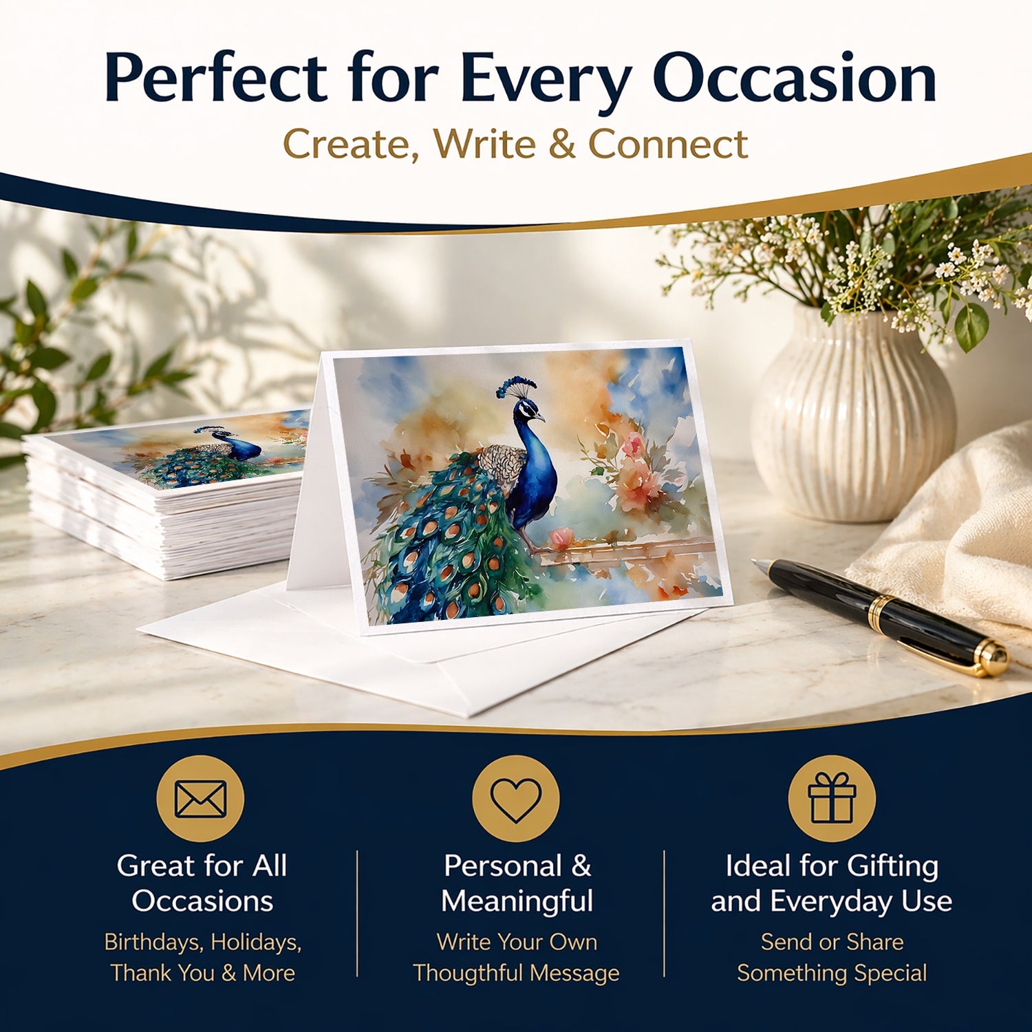 Peacock Tail Feathers Close View Greeting Cards Pack of 8 Blank Cards with Envelopes Whimsical A7 Size 5x7