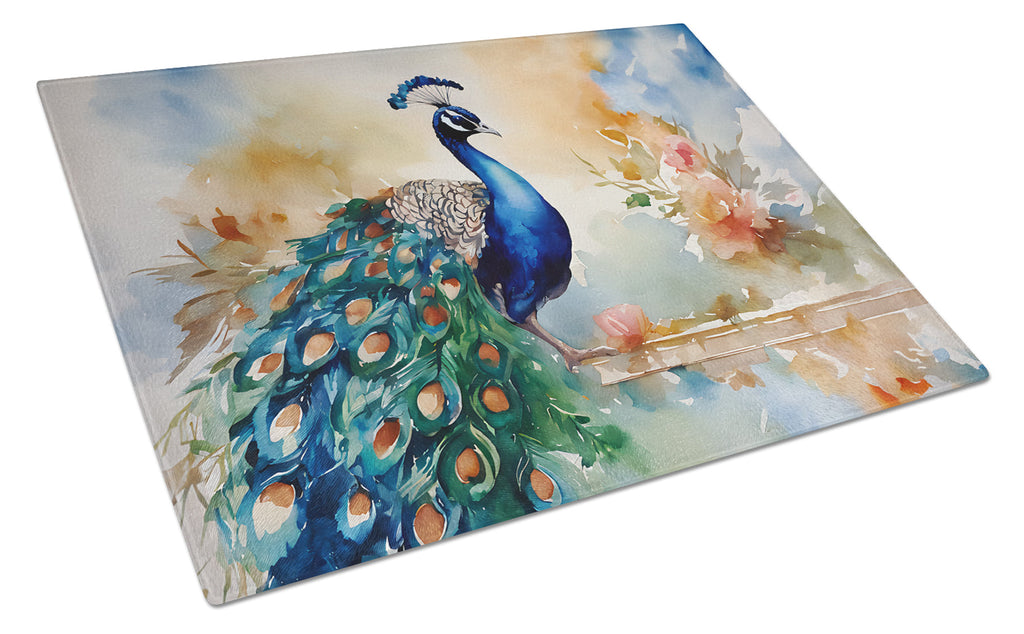 Peacock Tail Feathers Close View Cutting Board Tempered Glass Kitchen Cutting Surface, Heat Resistant Chopping, Non-Slip Feet, Food Prep & Serving
