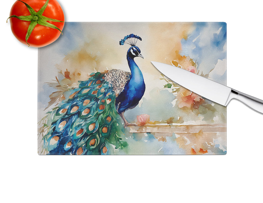 Peacock Tail Feathers Close View Cutting Board Tempered Glass Kitchen Cutting Surface, Heat Resistant Chopping, Non-Slip Feet, Food Prep & Serving