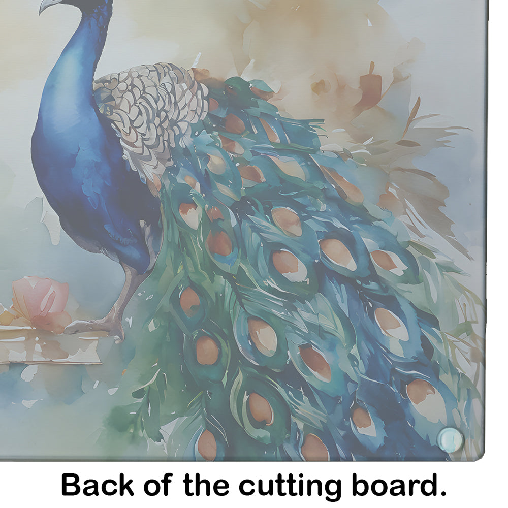 Peacock Tail Feathers Close View Cutting Board Tempered Glass Kitchen Cutting Surface, Heat Resistant Chopping, Non-Slip Feet, Food Prep & Serving