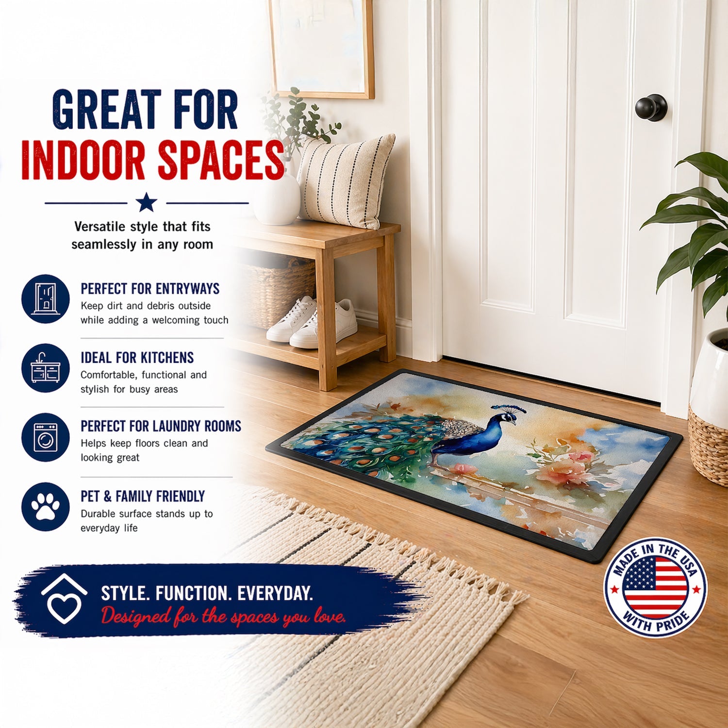 Peacock Tail Feathers Close View Doormat Indoor Outdoor 18H X 27W Front Door Mat Rugs for Entryway, Non Slip Washable