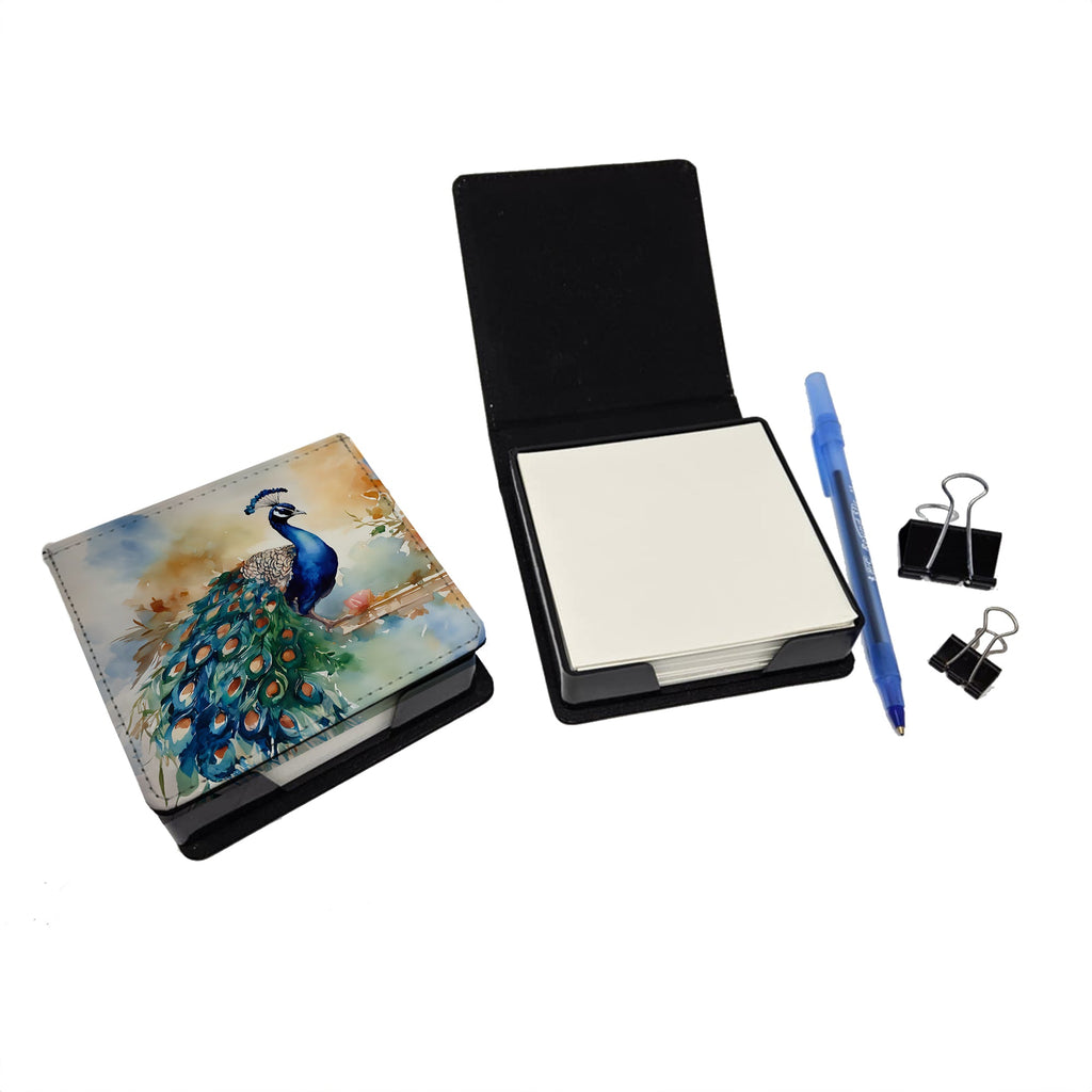 Peacock Tail Feathers Close View PU Leather Note Paper Holder with Artist-Designed Cover, Desk Accessory, Office Gift