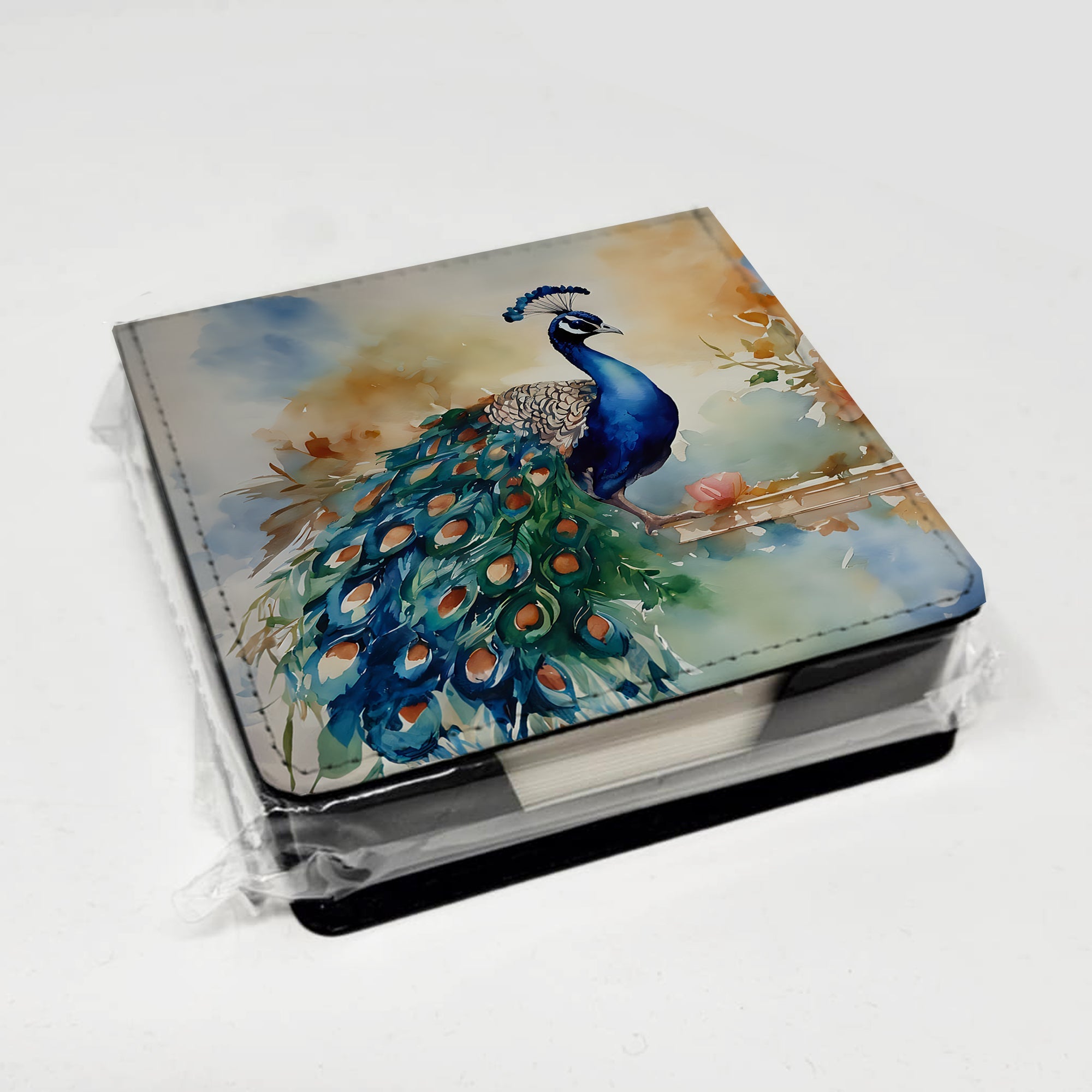Peacock Tail Feathers Close View PU Leather Note Paper Holder with Artist-Designed Cover, Desk Accessory, Office Gift