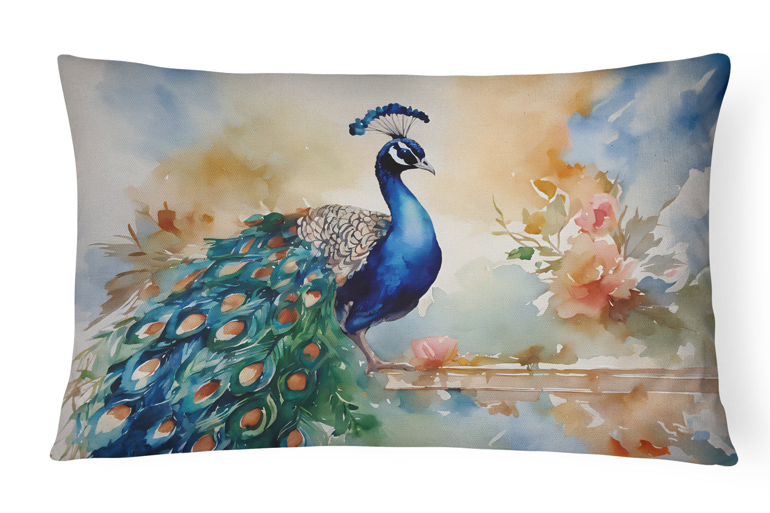 Peacock Tail Feathers Close View Decorative Throw Pillow 12x16 Indoor Outdoor Accent Cushion, Fabric Cover with Insert for Sofa, Bed, Porch & Living Room