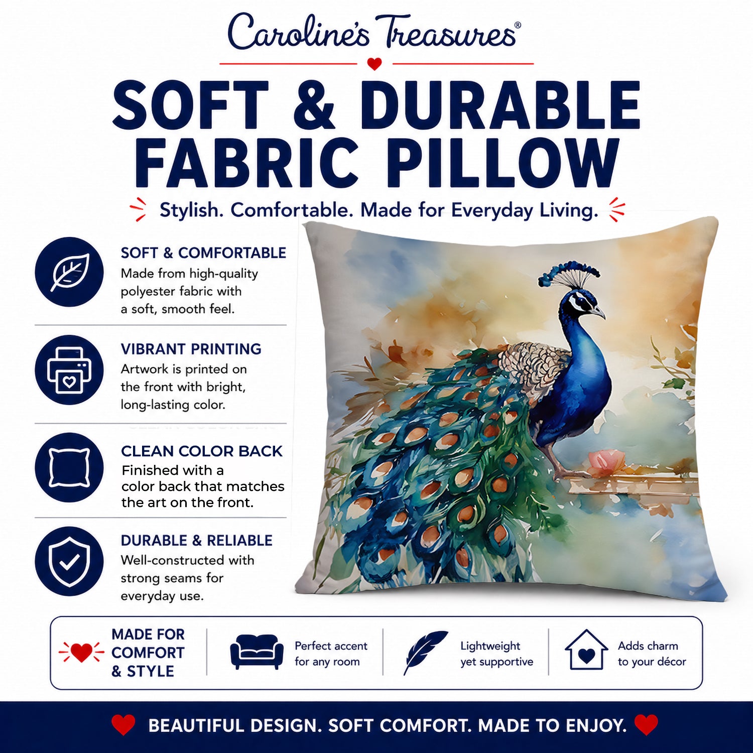 Peacock Tail Feathers Close View Decorative Throw Pillow 14x14 Indoor Outdoor Accent Cushion, Fabric Cover with Insert for Sofa, Bed, Porch & Living Room