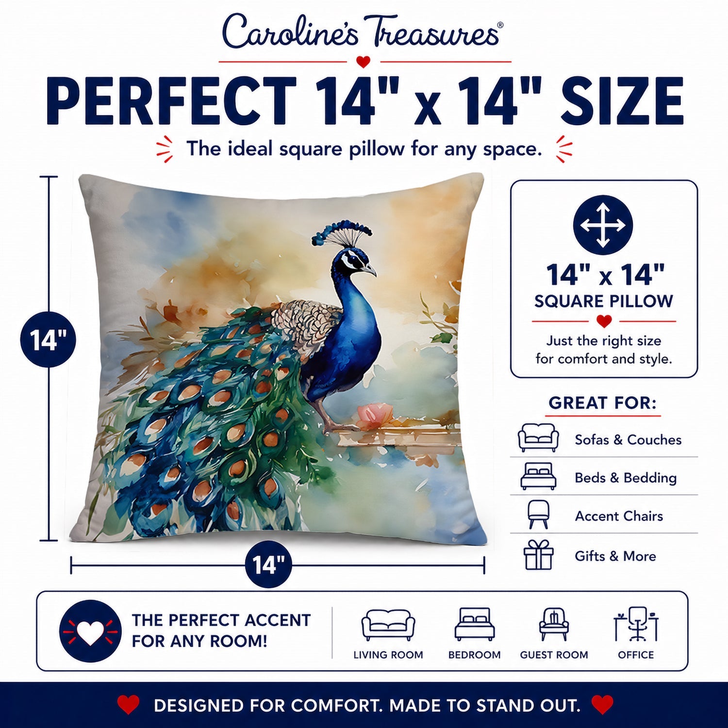 Peacock Tail Feathers Close View Decorative Throw Pillow 14x14 Indoor Outdoor Accent Cushion, Fabric Cover with Insert for Sofa, Bed, Porch & Living Room