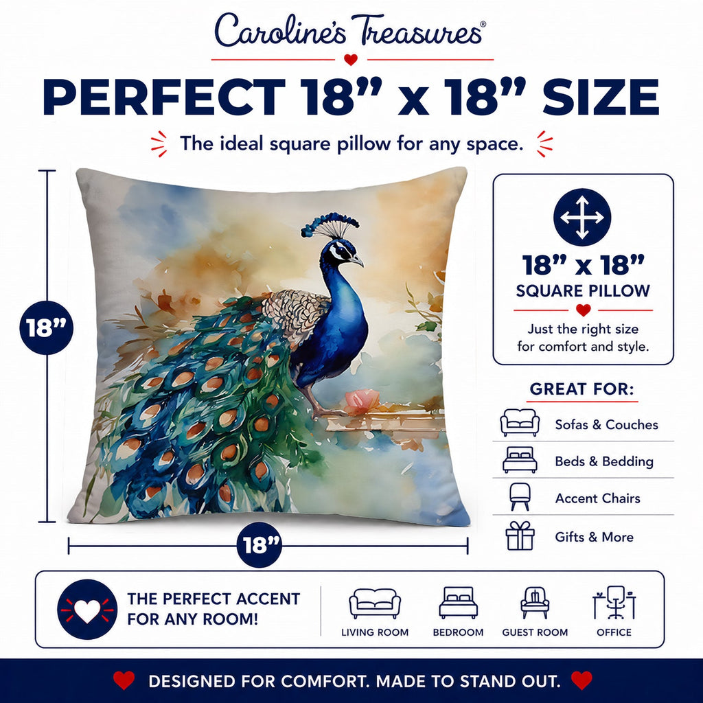 Peacock Tail Feathers Close View Decorative Throw Pillow 18x18 Indoor Outdoor Accent Cushion, Fabric Cover with Insert for Sofa, Bed, Porch & Living Room
