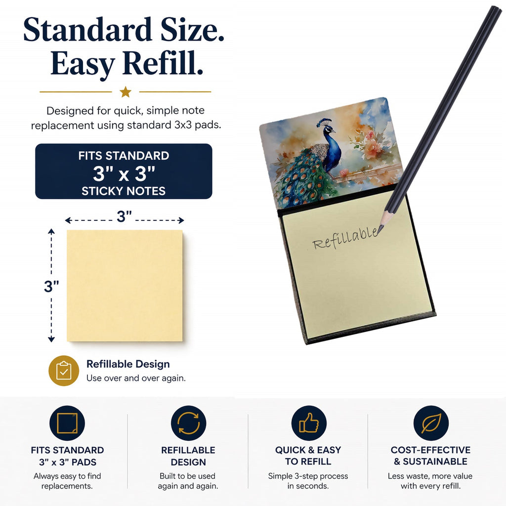 Peacock Tail Feathers Close View Watercolor Sticky Note Holder Refillable Dispenser Desk Accessory 3x3 Pad Gift