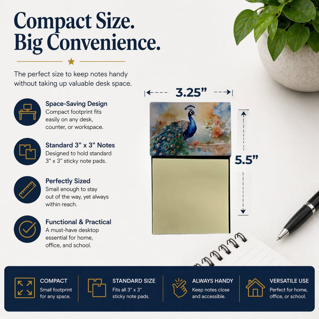 Peacock Tail Feathers Close View Watercolor Sticky Note Holder Refillable Dispenser Desk Accessory 3x3 Pad Gift