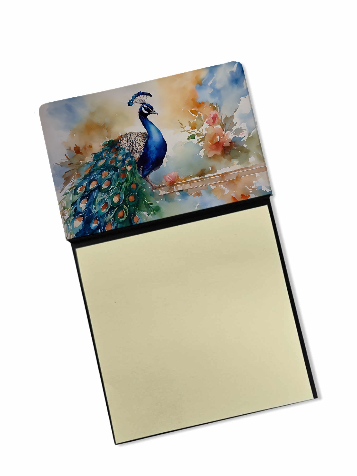 Peacock Tail Feathers Close View Watercolor Sticky Note Holder Refillable Dispenser Desk Accessory 3x3 Pad Gift