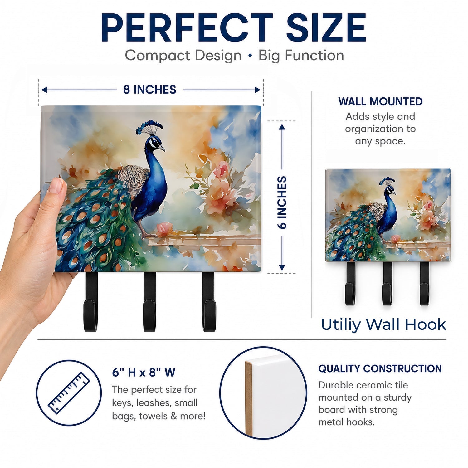 Peacock Tail Feathers Close View Leash or Key Holder Wall Hooks, Coat Rack Wall Mount, for Hanging Keys, Towels, Aprons, Leashes