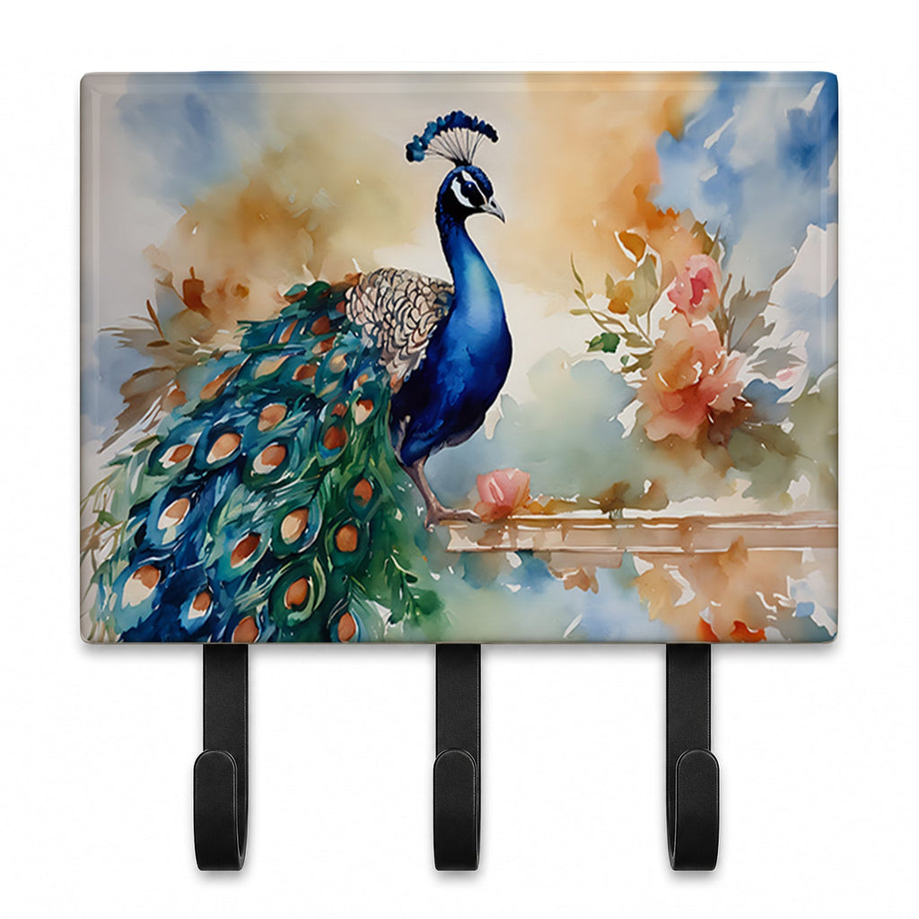 Peacock Tail Feathers Close View Leash or Key Holder Wall Hooks, Coat Rack Wall Mount, for Hanging Keys, Towels, Aprons, Leashes