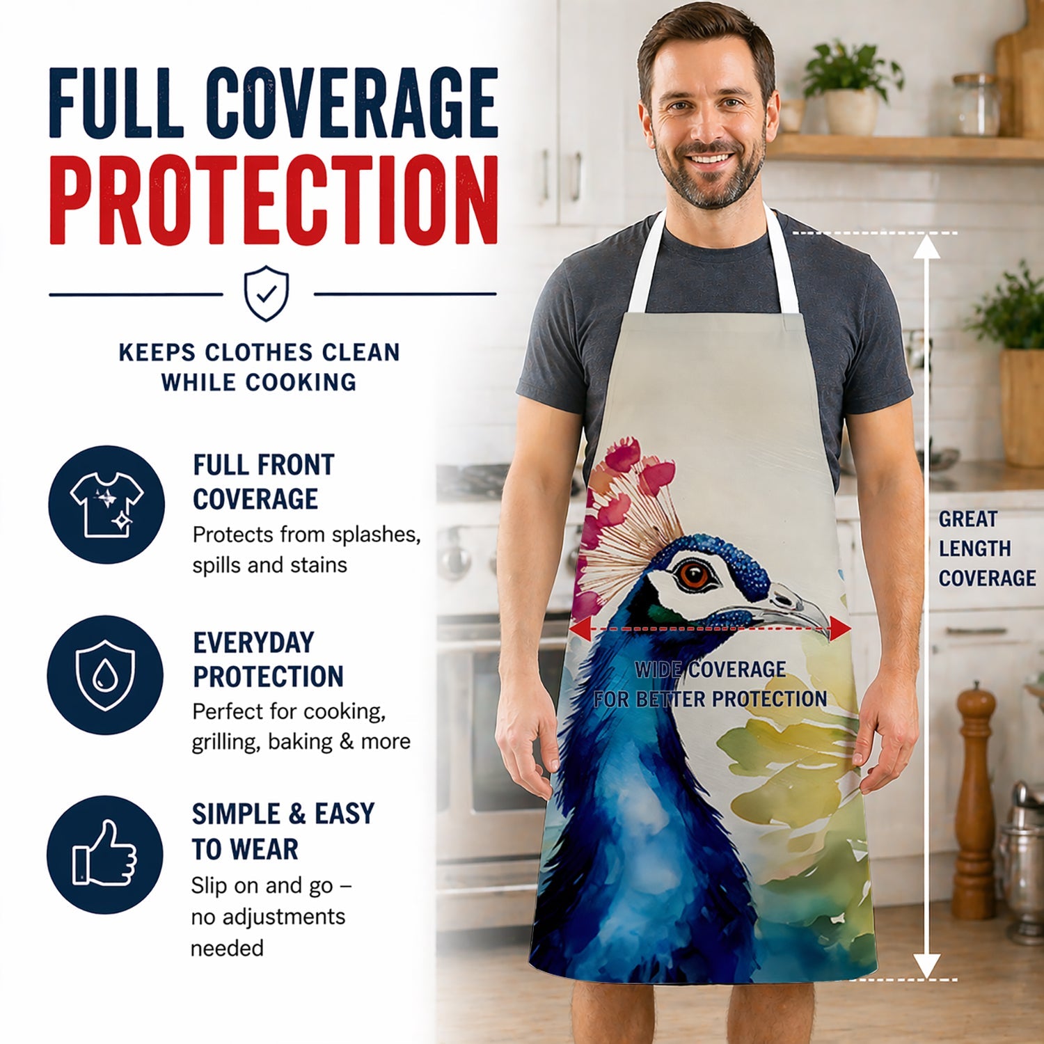 Peacock Portrait with Flower Apron Cooking Kitchen Server Baking Crafts Gardening for Adult Women Men, Unisex, Large, Multicolor