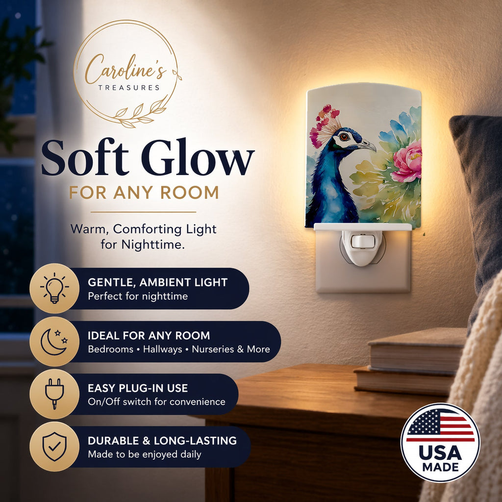 Peacock Portrait with Flower Ceramic Night Light Compact, UL-Certified, Ideal for Bedroom, Bathroom, Nursery, Hallway, Kitchen, 6x4x3, Multicolor