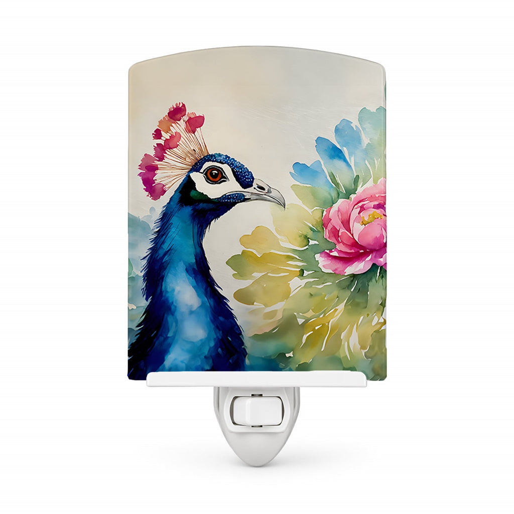 Peacock Portrait with Flower Ceramic Night Light Compact, UL-Certified, Ideal for Bedroom, Bathroom, Nursery, Hallway, Kitchen, 6x4x3, Multicolor