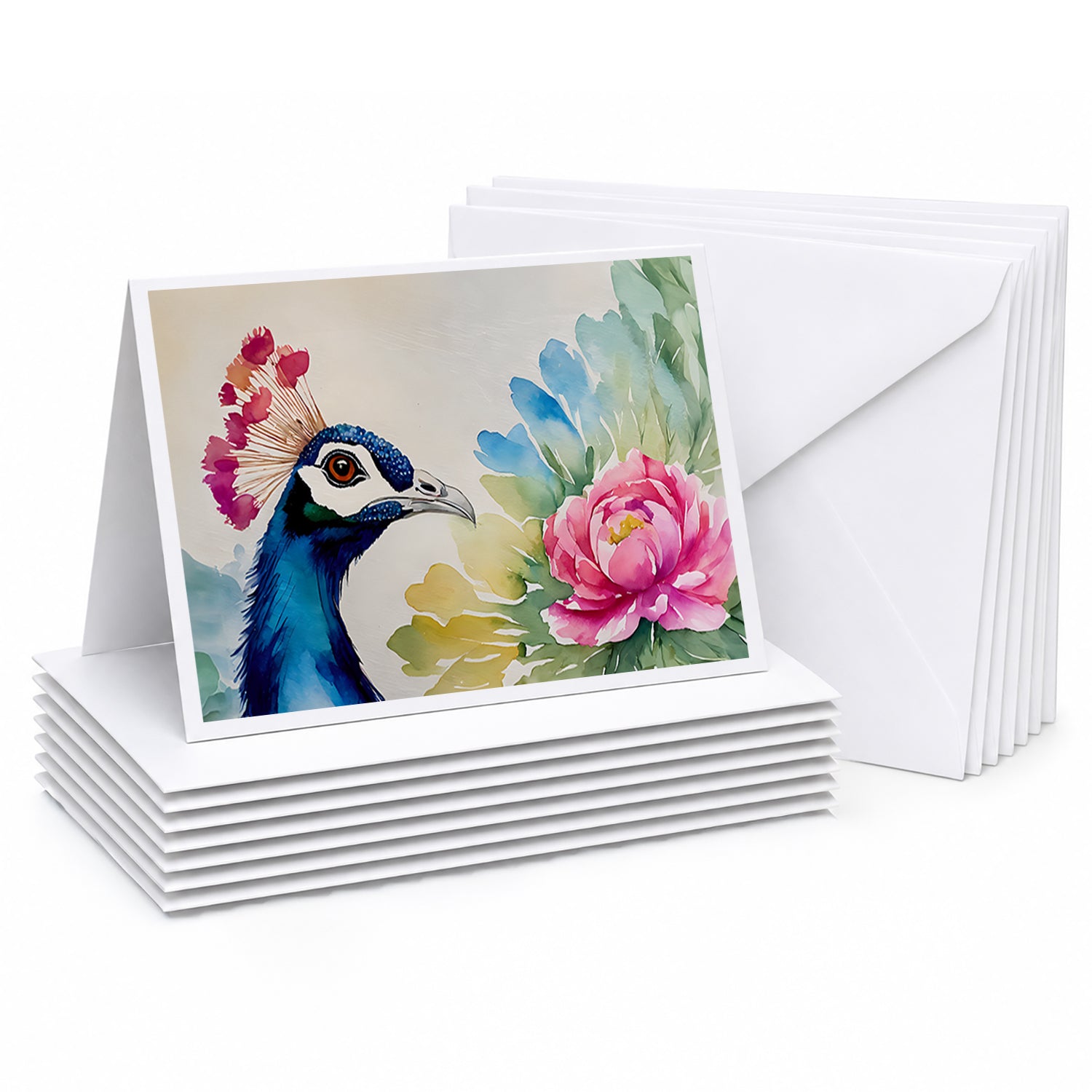 Peacock Portrait with Flower Greeting Cards Pack of 8 Blank Cards with Envelopes Whimsical A7 Size 5x7