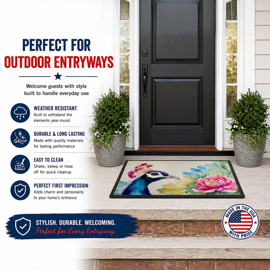 Peacock Portrait with Flower Doormat Indoor Outdoor 24H X 36W Front Door Mat Rugs for Entryway, Non Slip Washable Low Pile,