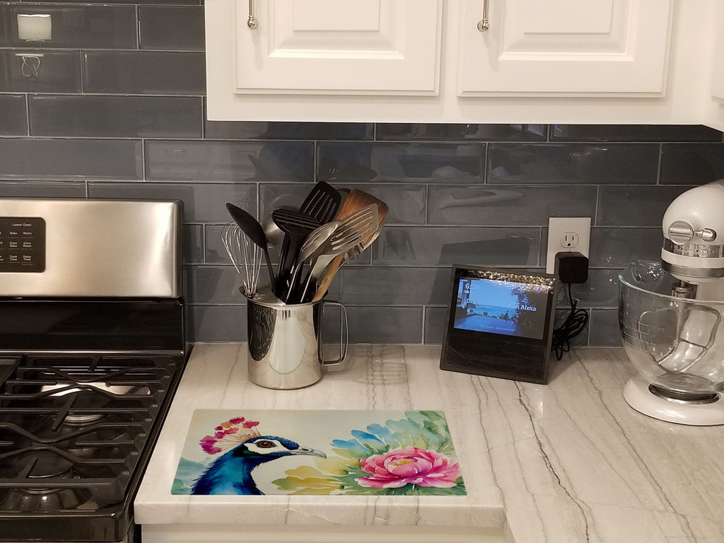 Peacock Portrait with Flower Cutting Board Tempered Glass Kitchen Cutting Surface, Heat Resistant Chopping, Non-Slip Feet, Food Prep & Serving