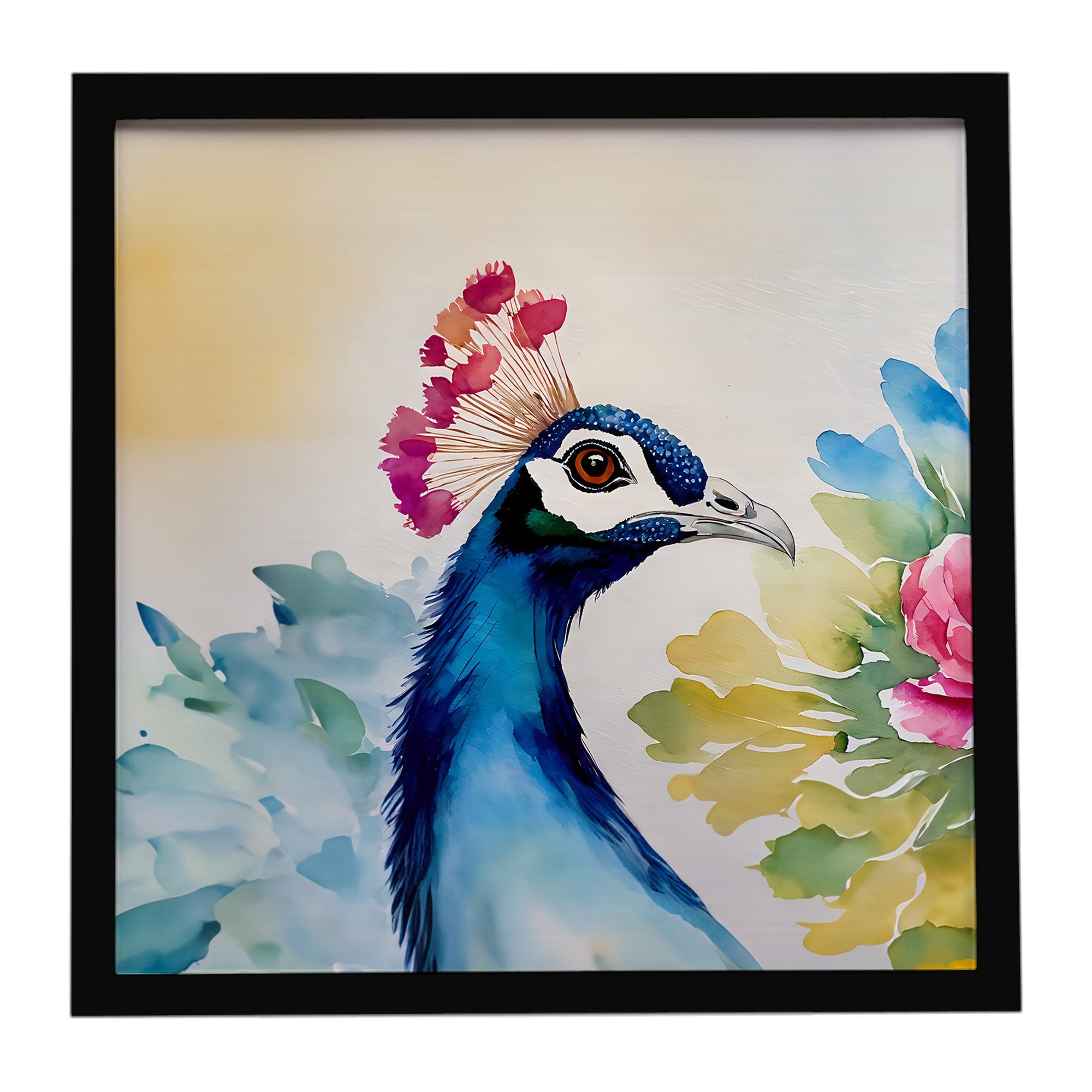 Peacock Portrait with Flower Framed Metal Print Bathroom, Kitchen, Office, Home Decor Wall Art Ready to Hang, Square, 8X8
