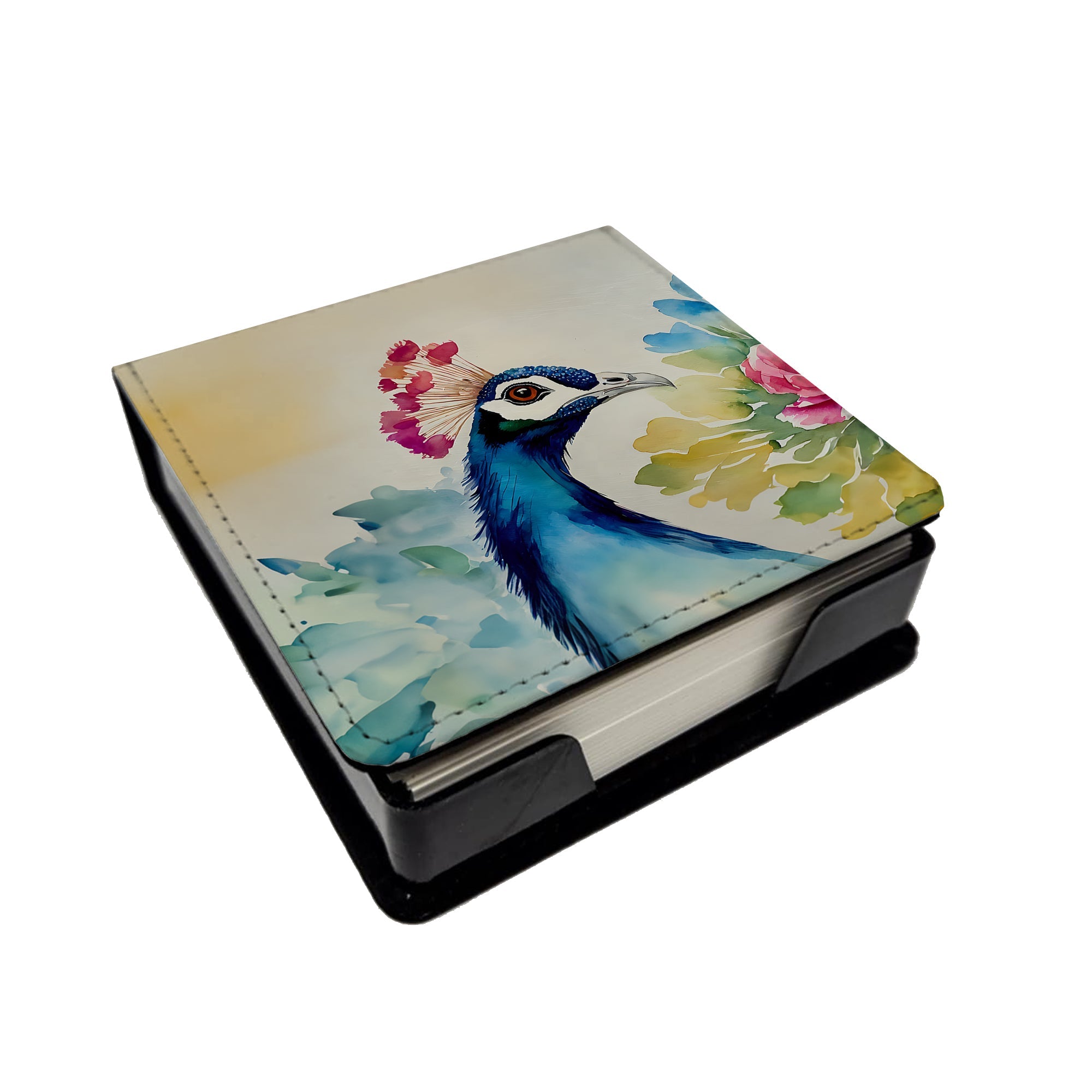 Peacock Portrait with Flower PU Leather Note Paper Holder with Artist-Designed Cover, Desk Accessory, Office Gift