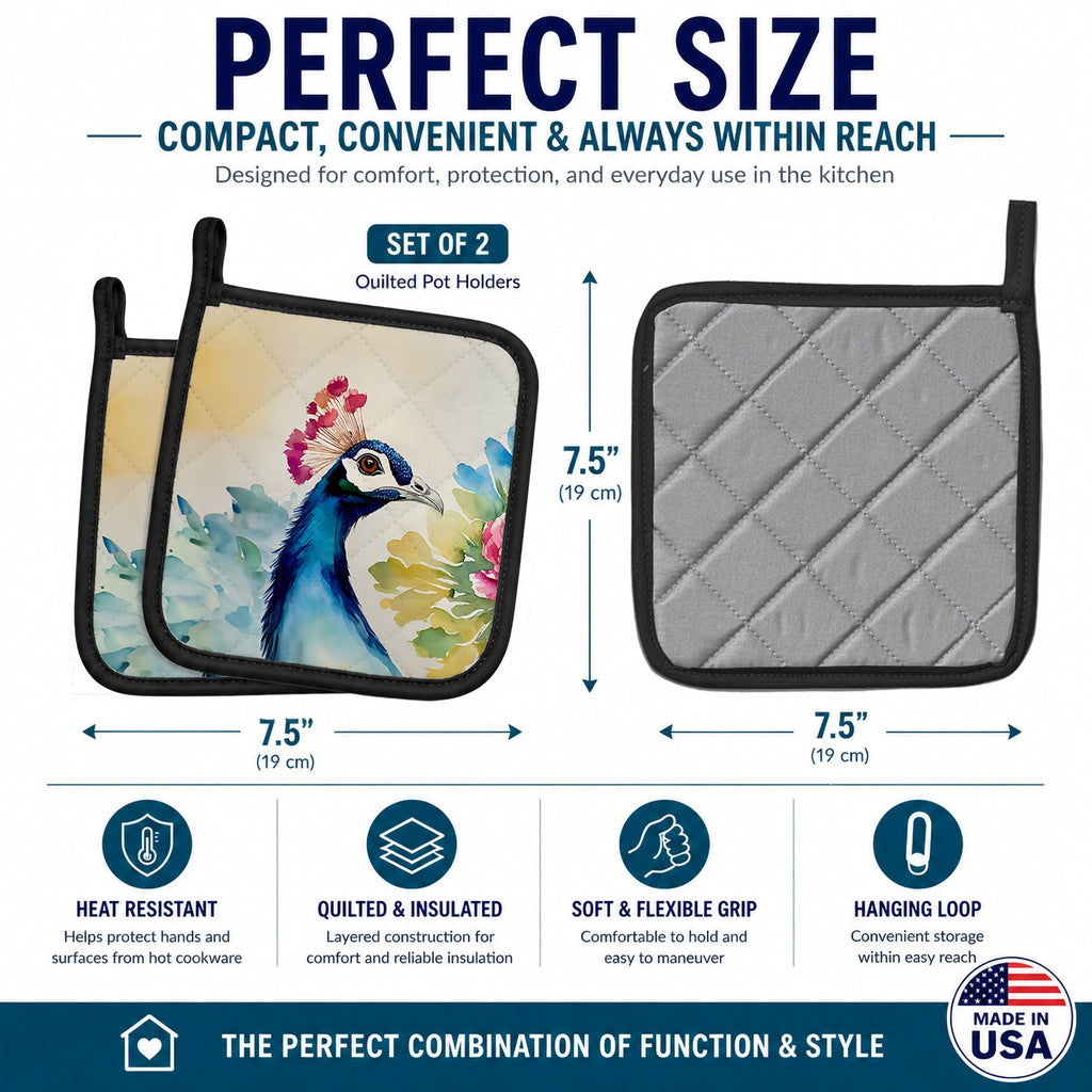 Peacock Portrait with Flower Pot Holder Set of 2 Heat Resistant Quilted Hot Pads 7.5 x 7.5 Inch, Insulated Kitchen Trivets for Cooking & Baking