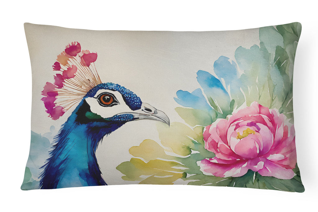 Peacock Portrait with Flower Decorative Throw Pillow 12x16 Indoor Outdoor Accent Cushion, Fabric Cover with Insert for Sofa, Bed, Porch & Living Room