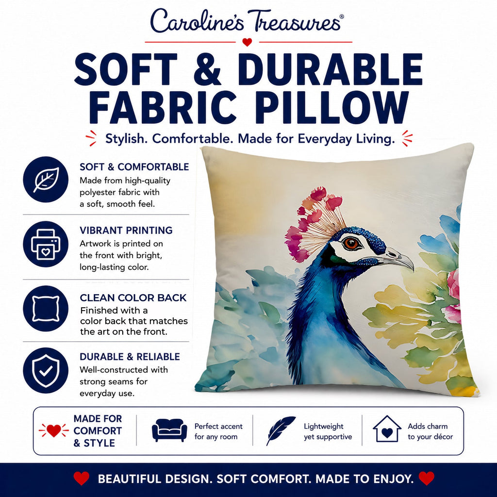 Peacock Portrait with Flower Decorative Throw Pillow 18x18 Indoor Outdoor Accent Cushion, Fabric Cover with Insert for Sofa, Bed, Porch & Living Room