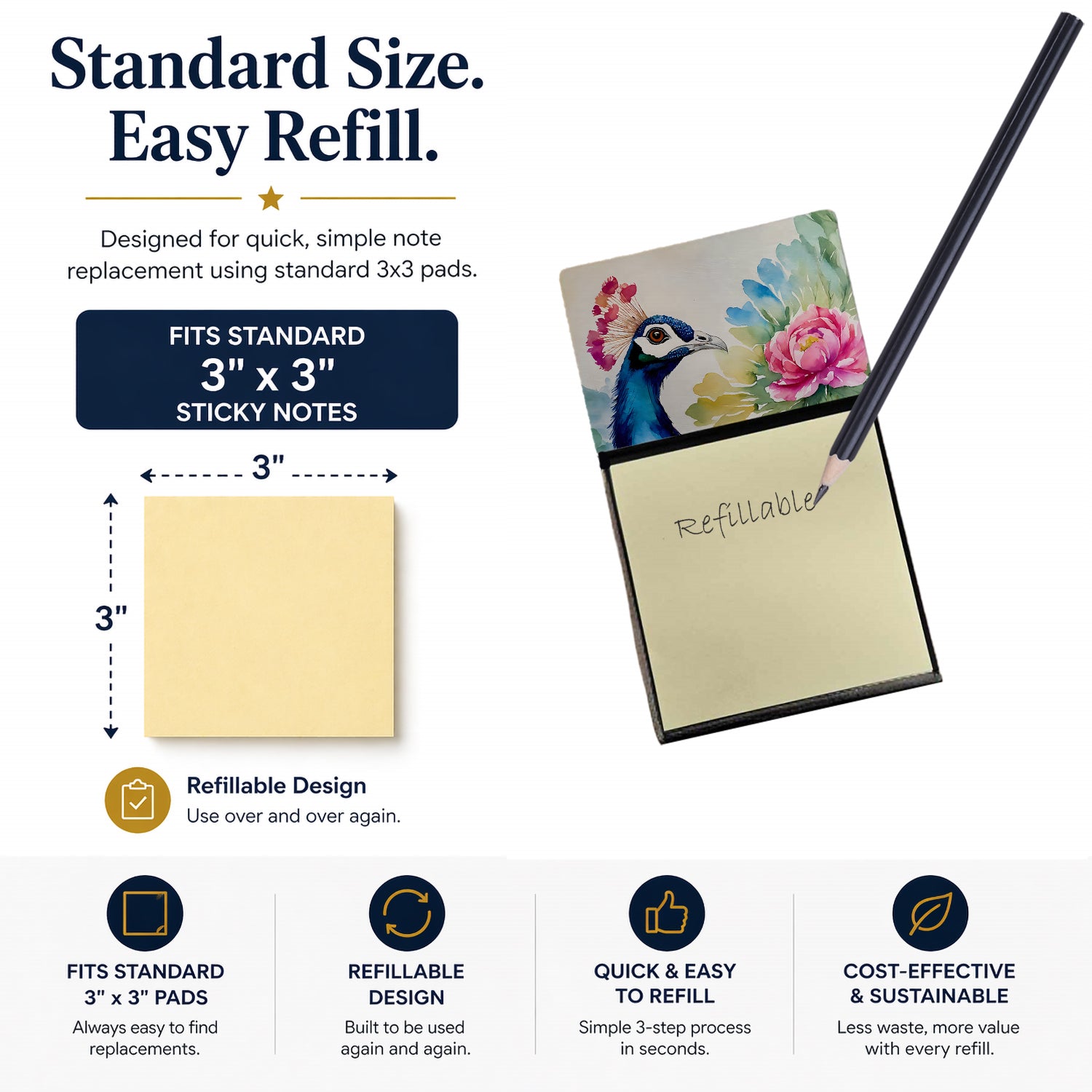 Peacock Portrait with Flower Watercolor Sticky Note Holder Refillable Dispenser Desk Accessory 3x3 Pad Gift