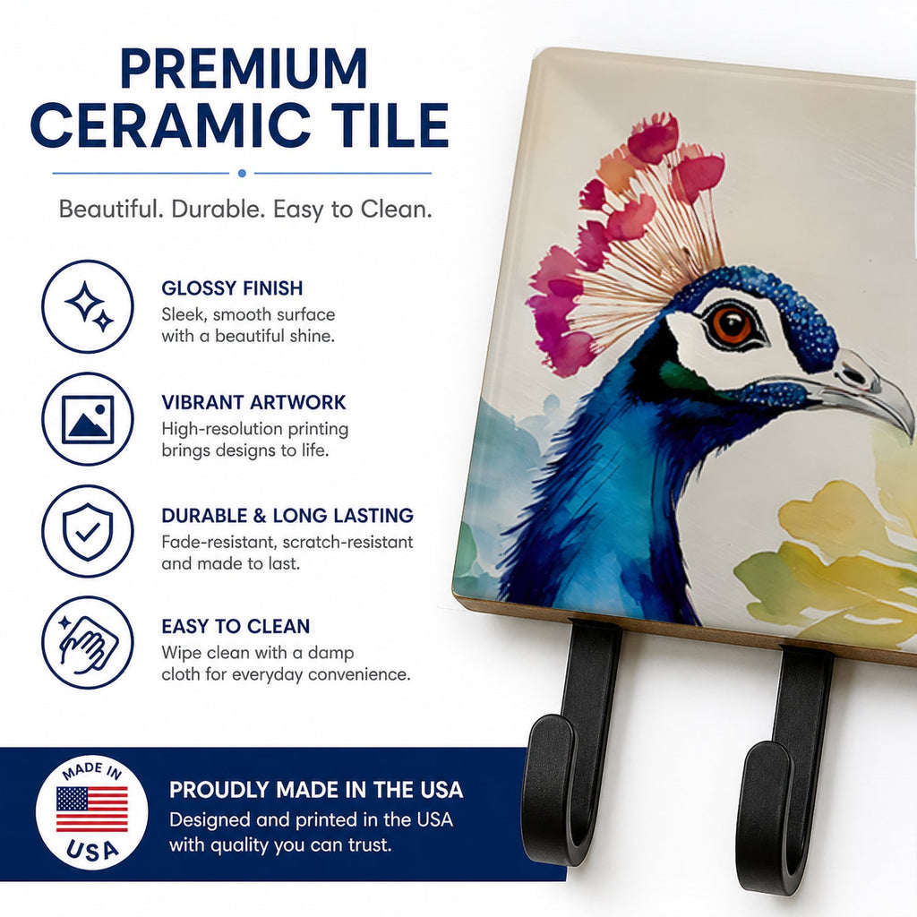 Peacock Portrait with Flower Leash or Key Holder Wall Hooks, Coat Rack Wall Mount, for Hanging Keys, Towels, Aprons, Leashes