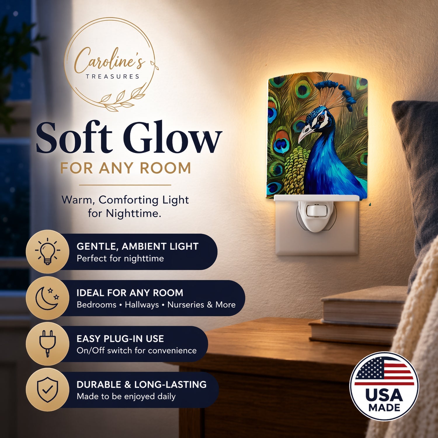 Peacock Face and Feather Detail Ceramic Night Light Compact, UL-Certified, Ideal for Bedroom, Bathroom, Nursery, Hallway, Kitchen, 6x4x3, Multicolor