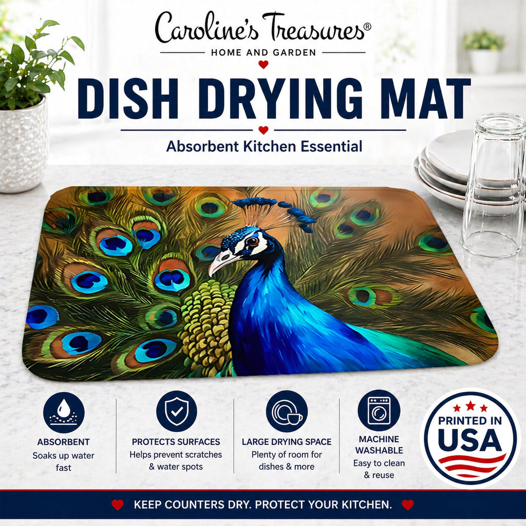 Peacock Face and Feather Detail Dish Drying Mat Absorbent Dish Drying Mat Pad for Kitchen Counter Dish Drainer Mat for Countertop, 14 x 21", Multicolor
