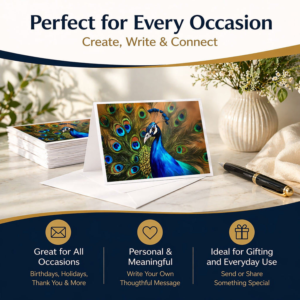 Peacock Face and Feather Detail Greeting Cards Pack of 8 Blank Cards with Envelopes Whimsical A7 Size 5x7