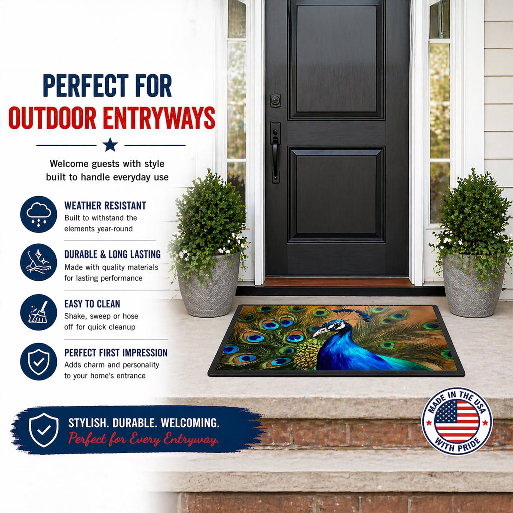 Peacock Face and Feather Detail Doormat Indoor Outdoor 24H X 36W Front Door Mat Rugs for Entryway, Non Slip Washable Low Pile,