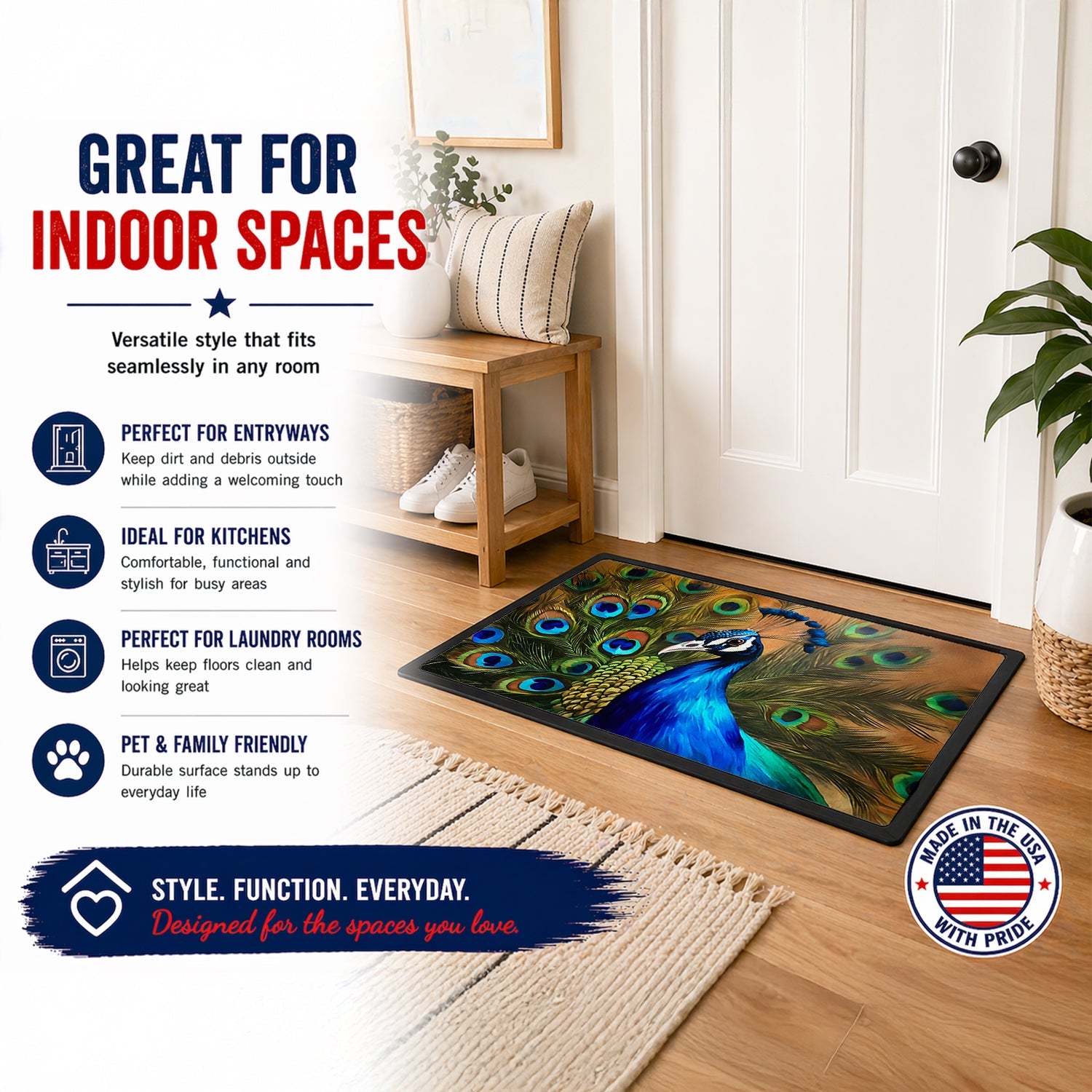 Peacock Face and Feather Detail Doormat Indoor Outdoor 24H X 36W Front Door Mat Rugs for Entryway, Non Slip Washable Low Pile,