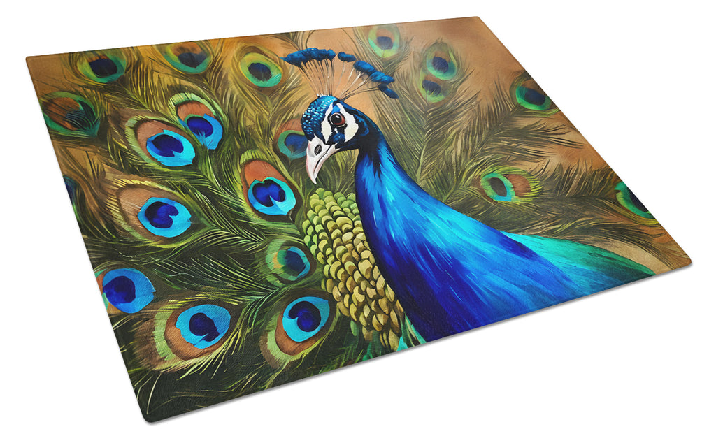 Peacock Face and Feather Detail Cutting Board Tempered Glass Kitchen Cutting Surface, Heat Resistant Chopping, Non-Slip Feet, Food Prep & Serving