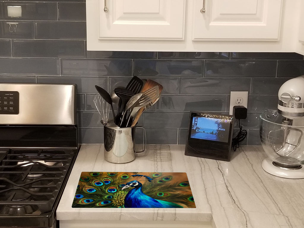 Peacock Face and Feather Detail Cutting Board Tempered Glass Kitchen Cutting Surface, Heat Resistant Chopping, Non-Slip Feet, Food Prep & Serving