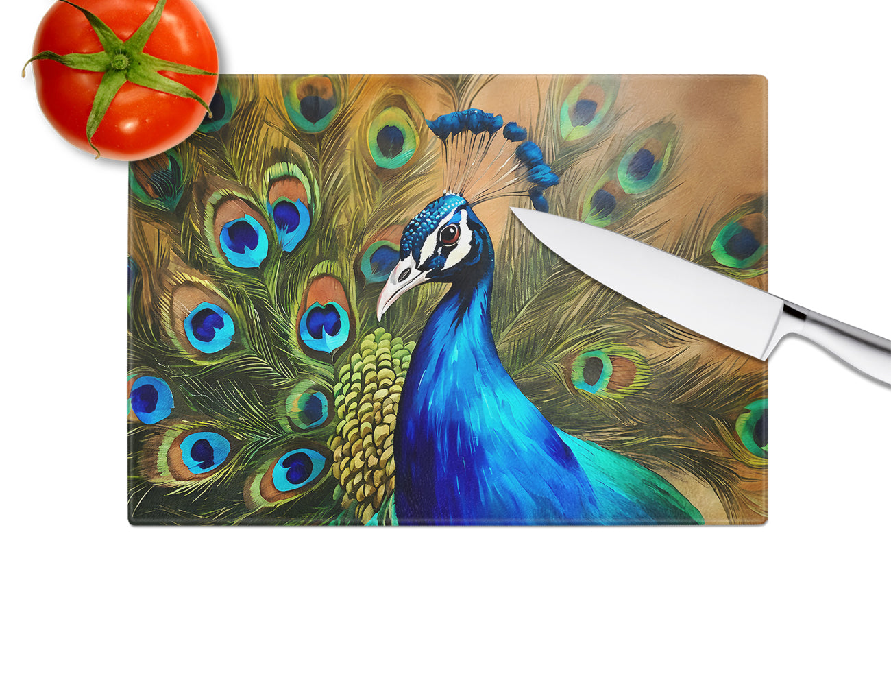 Peacock Face and Feather Detail Cutting Board Tempered Glass Kitchen Cutting Surface, Heat Resistant Chopping, Non-Slip Feet, Food Prep & Serving