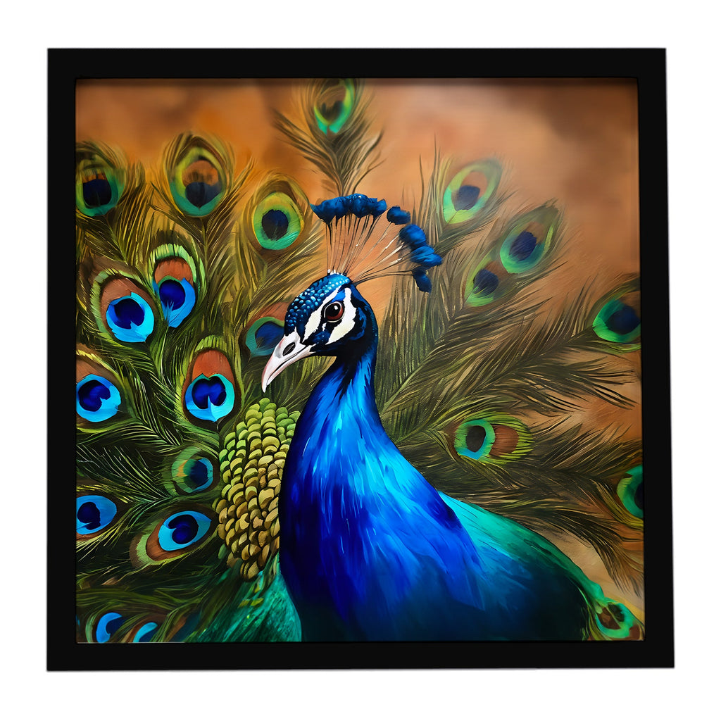 Peacock Face and Feather Detail Framed Metal Print Bathroom, Kitchen, Office, Home Decor Wall Art Ready to Hang, Square, 8X8