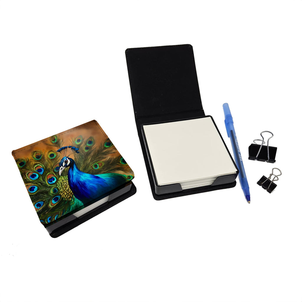 Peacock Face and Feather Detail PU Leather Note Paper Holder with Artist-Designed Cover, Desk Accessory, Office Gift