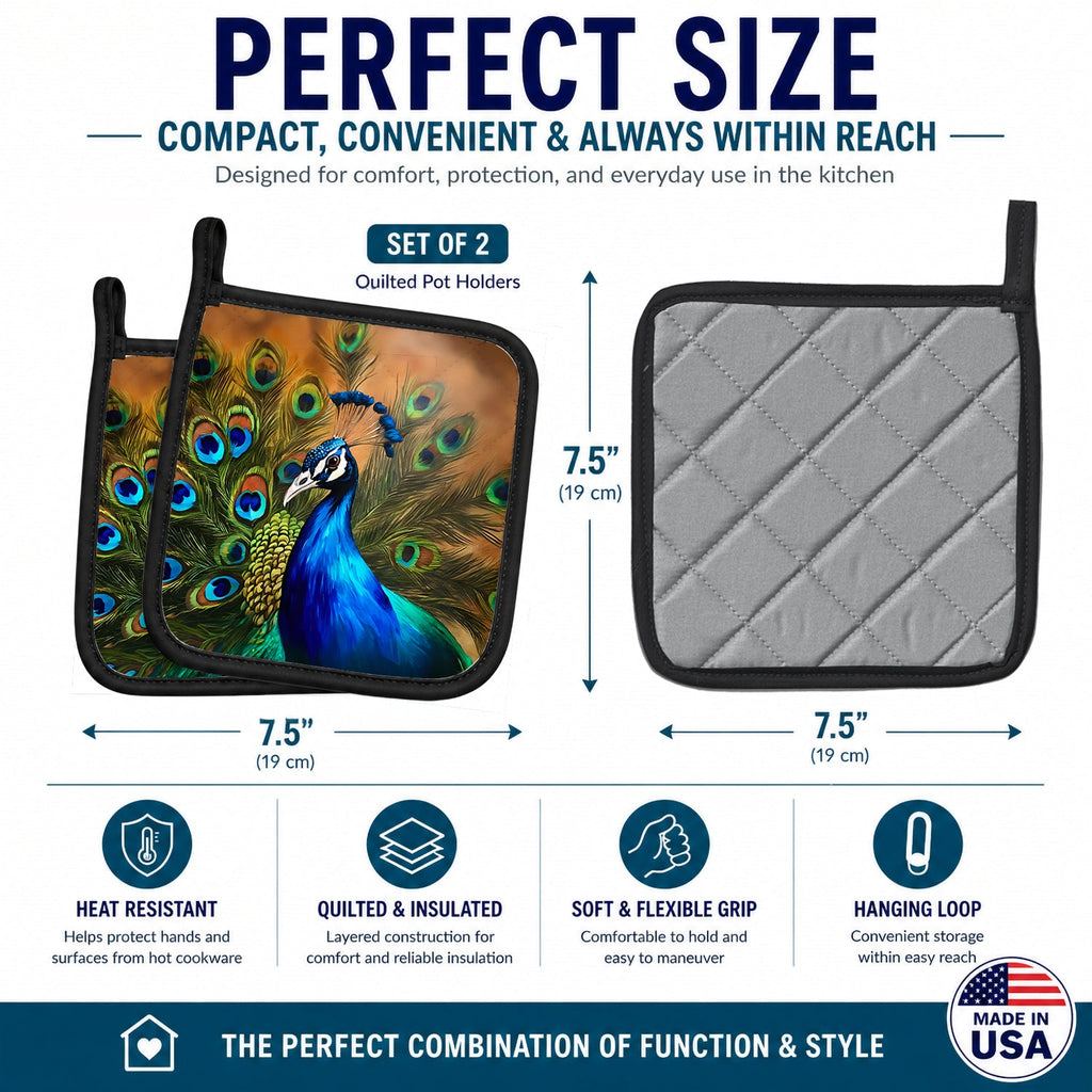 Peacock Face and Feather Detail Pot Holder Set of 2 Heat Resistant Quilted Hot Pads 7.5 x 7.5 Inch, Insulated Kitchen Trivets for Cooking & Baking
