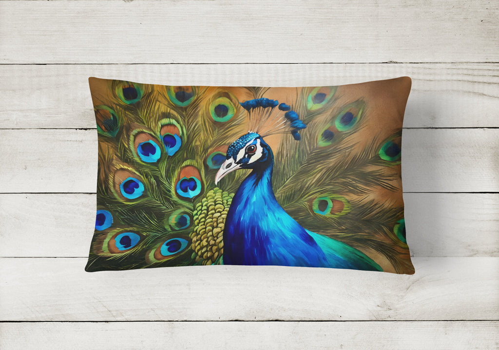 Peacock Face and Feather Detail Decorative Throw Pillow 12x16 Indoor Outdoor Accent Cushion, Fabric Cover with Insert for Sofa, Bed, Porch & Living Room