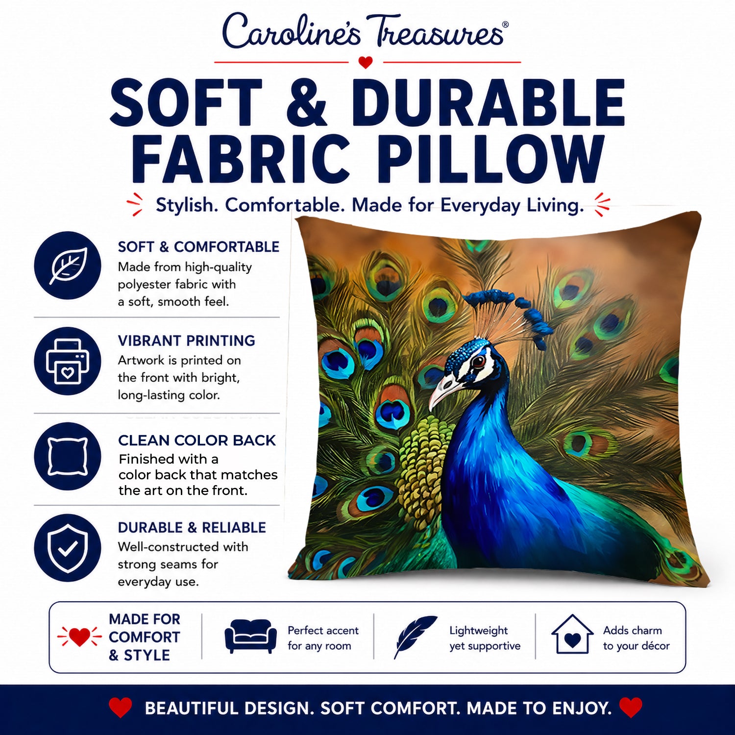 Peacock Face and Feather Detail Decorative Throw Pillow 14x14 Indoor Outdoor Accent Cushion, Fabric Cover with Insert for Sofa, Bed, Porch & Living Room
