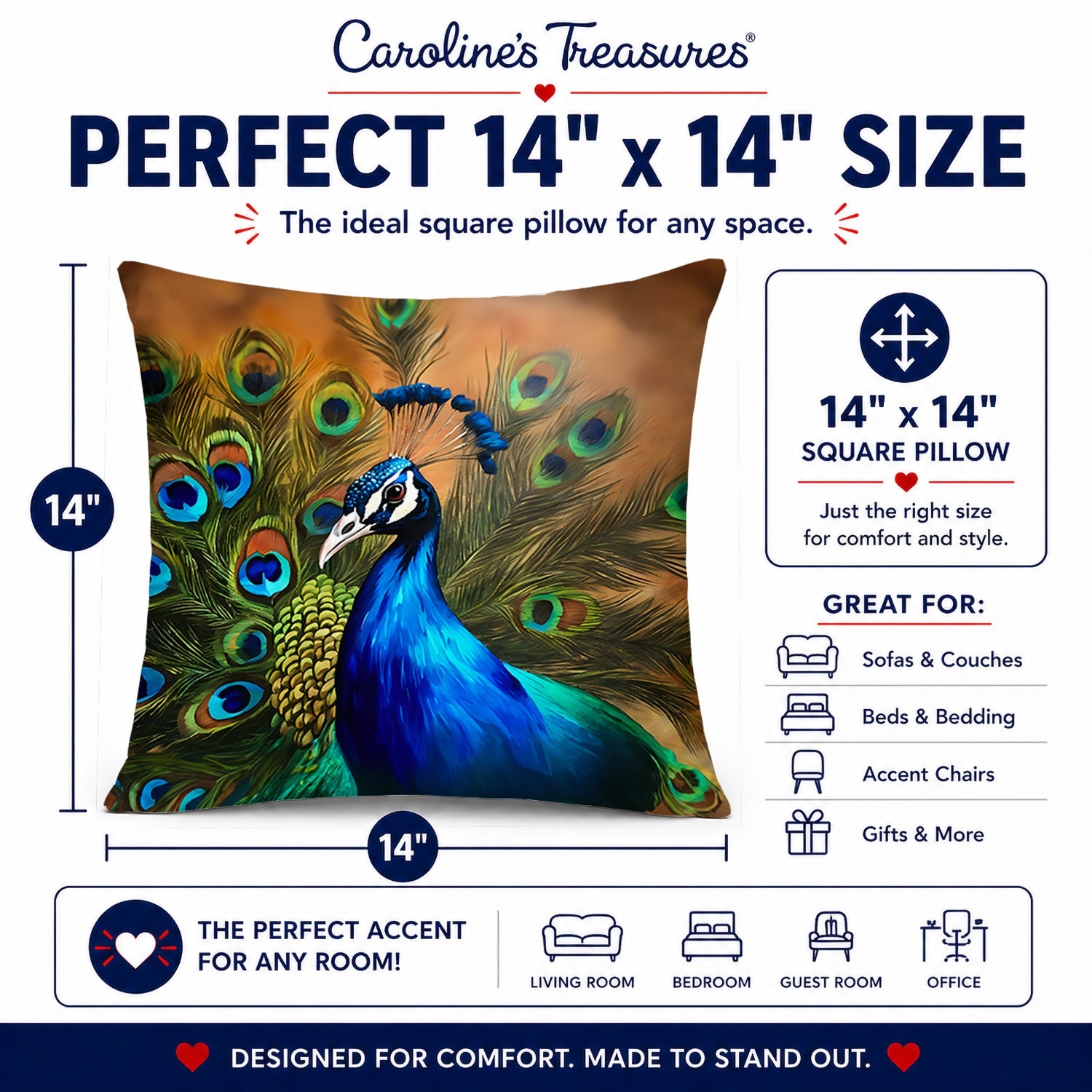 Peacock Face and Feather Detail Decorative Throw Pillow 14x14 Indoor Outdoor Accent Cushion, Fabric Cover with Insert for Sofa, Bed, Porch & Living Room