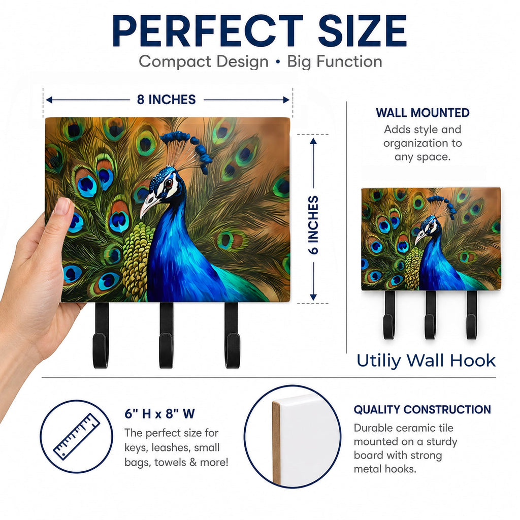 Peacock Face and Feather Detail Leash or Key Holder Wall Hooks, Coat Rack Wall Mount, for Hanging Keys, Towels, Aprons, Leashes